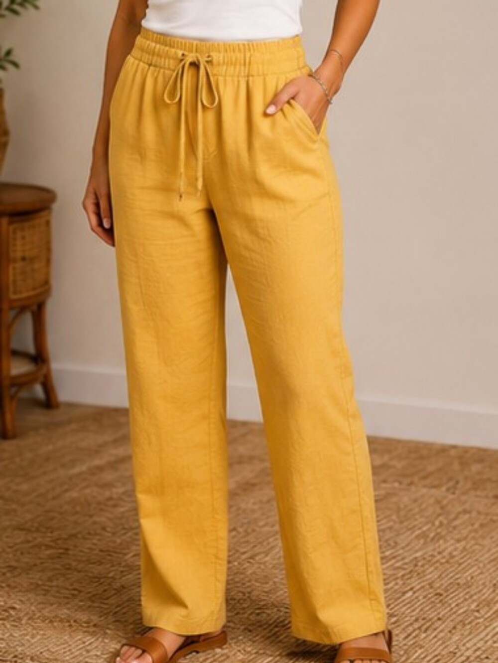 Joe B Linen Blend Drawstring Pants Size Medium | Mustard Yellow | Casual Resort